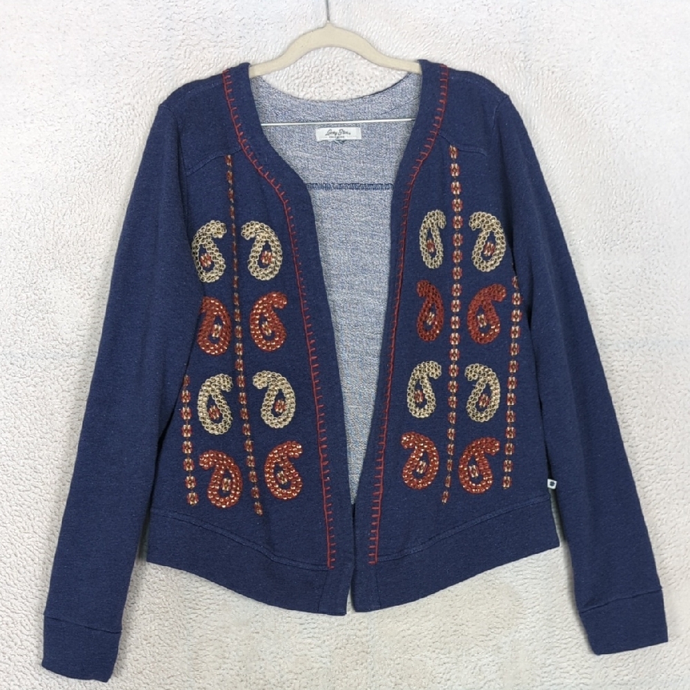 Lucky Bliss Women's Blue Sequin Paisley Asymmetrical Cardigan Size M